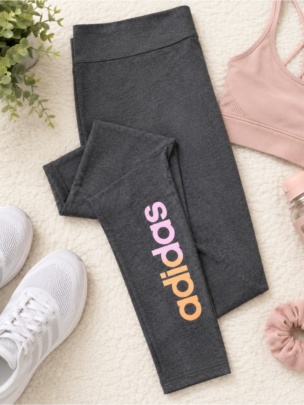 Adidas Gray Pink Logo Leggings NWT High Rise Athleisure Workout Medium